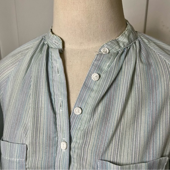 Vintage 70s Spare Parts Blue Green Pin Stripe Half Button Up 3/4 Sleeve Tunic - Picture 2 of 6